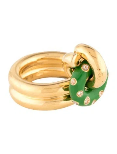 Pre-owned Bottega Veneta Crystal & Enamel Loop Cocktail Ring In Green
