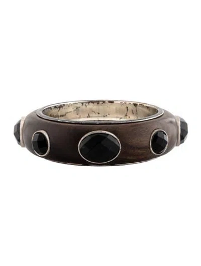 Pre-owned Bottega Veneta Crystal & Wood Studded Bangle Bracelet, 7.5" In Black/brown