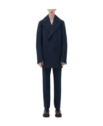 Bottega Veneta Curved Double Overcoat In Blue