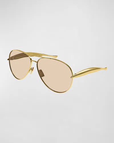 Bottega Veneta Curved Metal Aviator Sunglasses In Gold