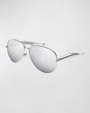 Bottega Veneta Curved Metal Aviator Sunglasses In Shiny Silver
