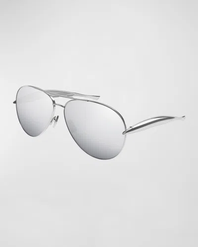 Bottega Veneta Curved Metal Aviator Sunglasses In Shiny Silver