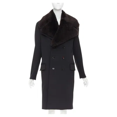 Pre-owned Bottega Veneta Daniel Lee Black Wool Brown Lamb Shearling Collar Coat It44 L