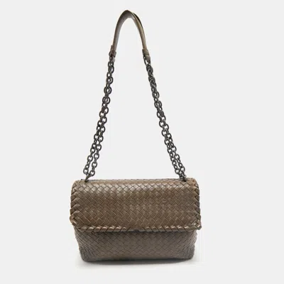 Pre-owned Bottega Veneta Dark Beige Intrecciato Leather Medium Olimpia Shoulder Bag In Sand