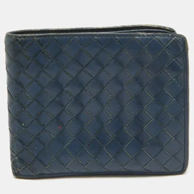 Pre-owned Bottega Veneta Dark Blue Intrecciato Leather Bifold Wallet