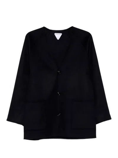 Bottega Veneta Dark Blue Wool Cashmere Coat In Black