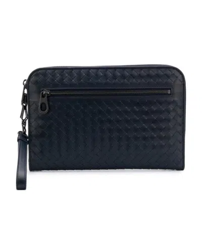 Bottega Veneta Dark Blue Woven Clutch In Black