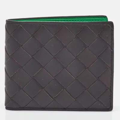 Pre-owned Bottega Veneta Dark Brown Intrecciato Leather Bifold Wallet In Green