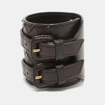 Pre-owned Bottega Veneta Dark Brown Intrecciato Leather Double Buckle Wrap Bracelet