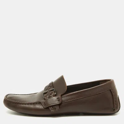 Pre-owned Bottega Veneta Dark Brown Leather Intrecciato Buckle Slip On Loafers Size 42