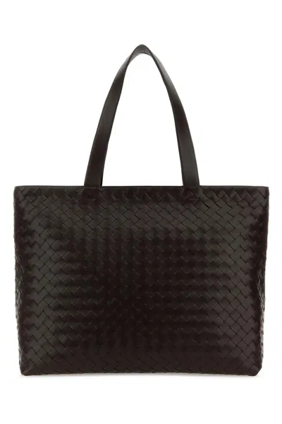 Bottega Veneta Dark Brown Leather Intrecciato Shopping Bag In Fondantsilver