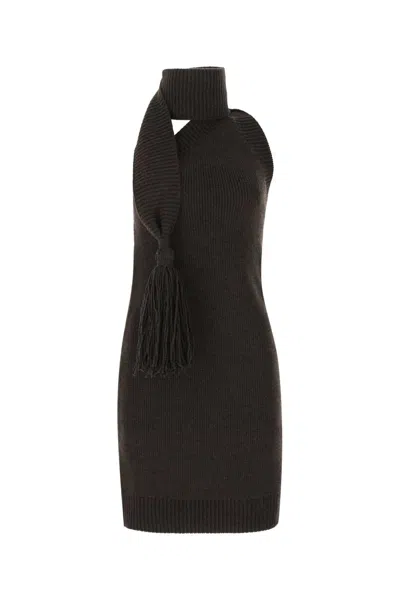 Bottega Veneta Dark Brown Wool Mini Dress In Black