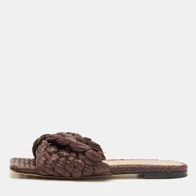 Pre-owned Bottega Veneta Dark Brown Woven Straw Lido Flat Slide Size 38