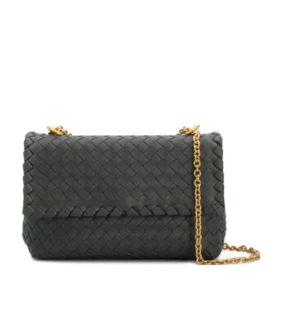 Bottega Veneta Dark Gray Braided Detail Shoulder Bag In Black