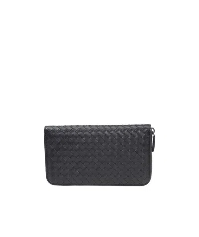 Bottega Veneta Dark Gray Braided Wallet In Black