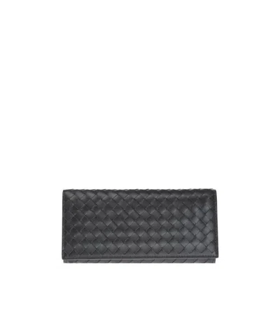 Bottega Veneta Dark Gray Intrecciato Pattern Wallet In Black