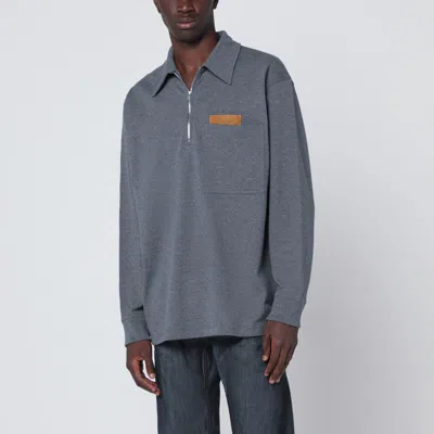 Bottega Veneta Dark Grey Polo Shirt With Intrecciato Detail In Gray