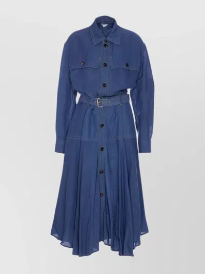 Bottega Veneta Denim Dress With Belted Waist And Long Sleeves In Blue