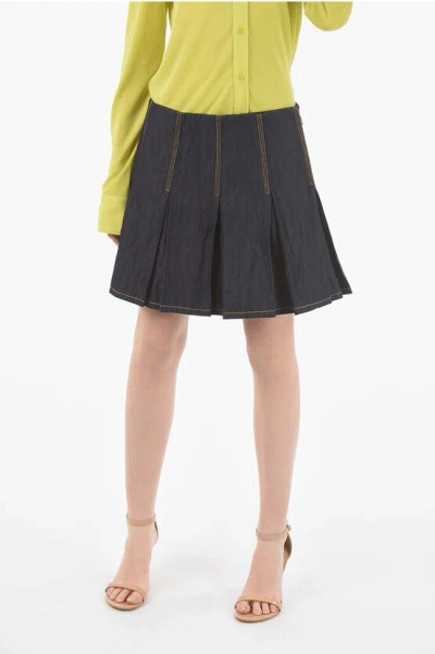Bottega Veneta Pleated Denim Mini Skirt In Blue