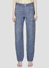 Bottega Veneta Denim-print Straight-leg Trousers In Blue