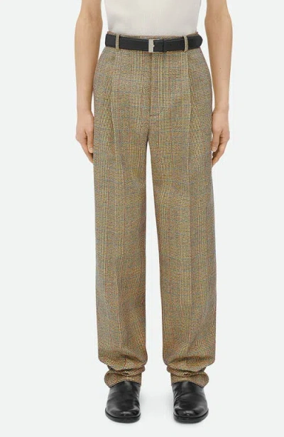 Bottega Veneta Distorted Prince Of Wales Plaid Wool Blend Pants In 1487 Beige/yellow/blue