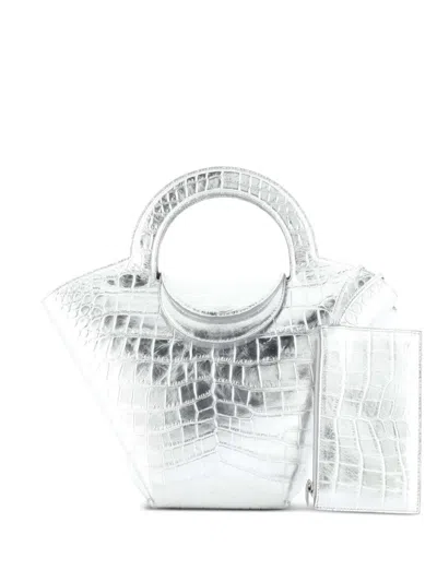 Pre-owned Bottega Veneta Doll Crocodile Embossed Leather Small Tote Bag In Silver