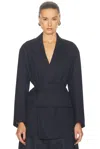 Bottega Veneta Wool Jacket With Belt In Black & Blue Melange