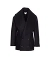 Bottega Veneta Stretch Wool Blend Felt Double Breasted Coat In Black