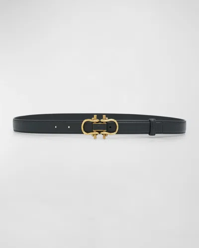 Bottega Veneta Double Buckled Leather & Brass Belt In Black M Brass