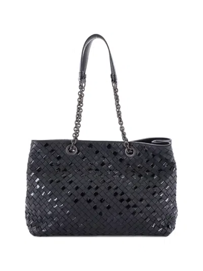 Pre-owned Bottega Veneta Double Chain Intrecciato Nappa Medium Tote Bag In Black