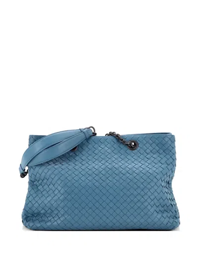 Pre-owned Bottega Veneta Double Chain Intrecciato Nappa Medium Tote Bag In Blue