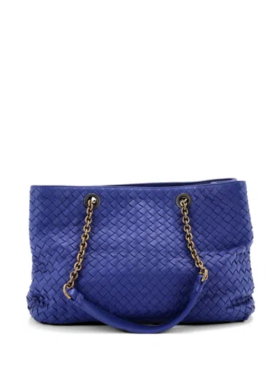 Pre-owned Bottega Veneta Double Chain Intrecciato Nappa Medium Tote Bag In Blue