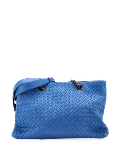Pre-owned Bottega Veneta Double Chain Intrecciato Nappa Medium Tote Bag In Blue
