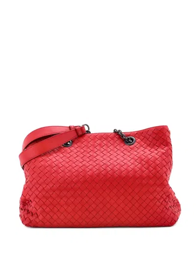 Pre-owned Bottega Veneta Double Chain Intrecciato Nappa Medium Tote Bag In Red