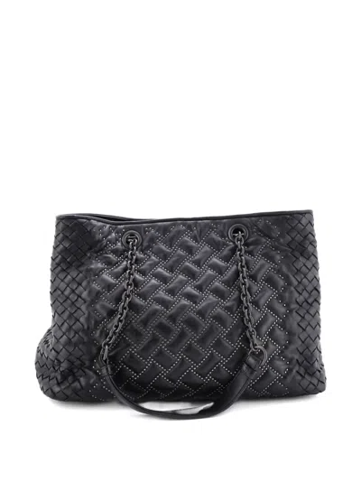 Pre-owned Bottega Veneta Double Chain Studded Leather With Intrecciato Detail Medium Tote Bag In Black