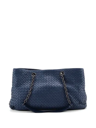 Pre-owned Bottega Veneta Double Chain Tote Intrecciato Nappa Large Shoulder Bag In Blue