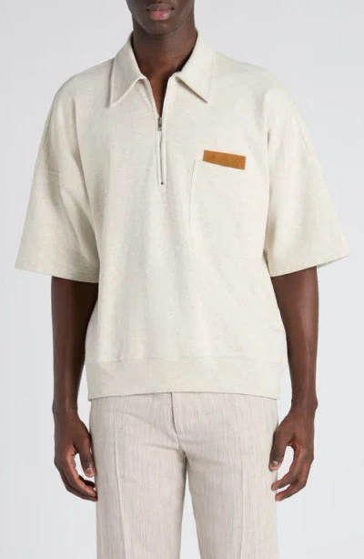 Bottega Veneta Double Cotton Mélange Jersey Quarter Zip Polo With Intrecciato Suede Patch In White