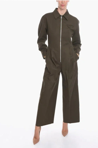 Bottega Veneta Double-cotton Zip-up Jumpsuit With Pleats In Brown