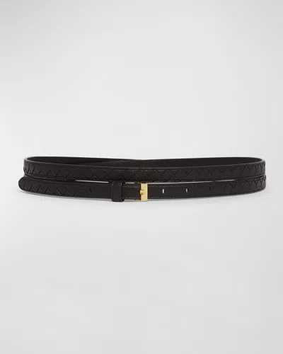 Bottega Veneta Double Layered Leather Thin Belt In Black