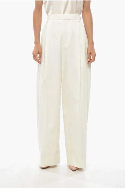 Bottega Veneta Double-pleated Cotton Pants With Hidden Closure In Neutral