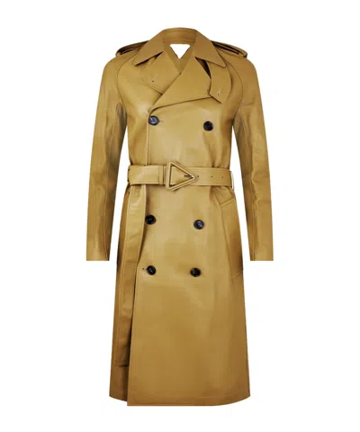 Bottega Veneta Doublebreasted Leather Trench Coat In Brown