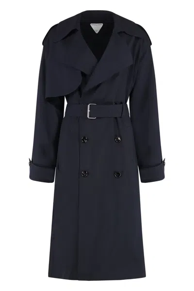 Bottega Veneta Double-breasted Wool Trench Jacket With Belt In Blue