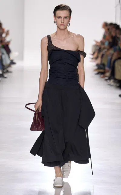Bottega Veneta Draped Cotton Organdie Midi Dress In Black