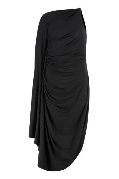 Bottega Veneta Black One-shoulder Draped Midi-dress