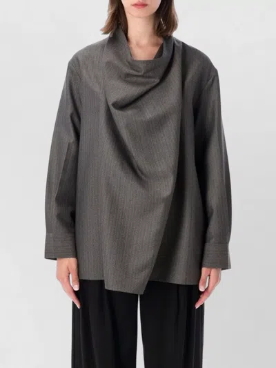 Bottega Veneta Draped Front Pinstripe Long Sleeve Jacket Shirt In Black