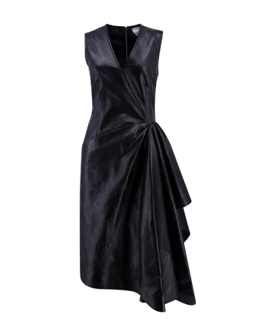 Bottega Veneta Draped Leather Midi Dress In Black