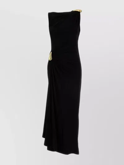 BOTTEGA VENETA DRAPED ONE SHOULDER MIDI DRESS WITH GOLD-TONE HARDWARE