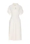 Bottega Veneta Shoulder Detail Belted Waist Embroidered V-neck Dress In White