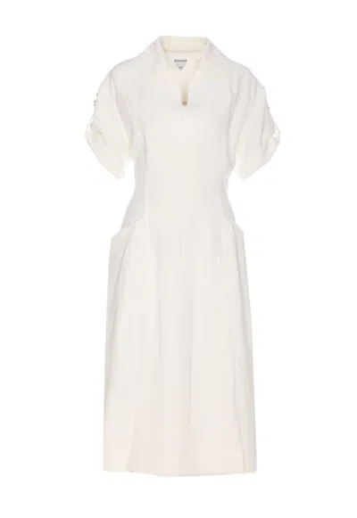 Bottega Veneta Shoulder Detail Belted Waist Embroidered V-neck Dress In White