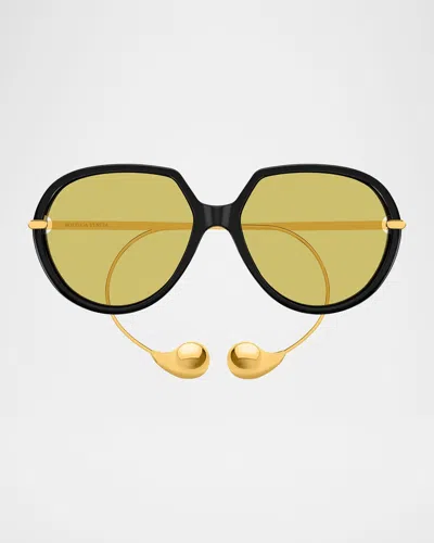 Bottega Veneta Drop Round-frame Acetate And Gold-tone Sunglasses In Yellow